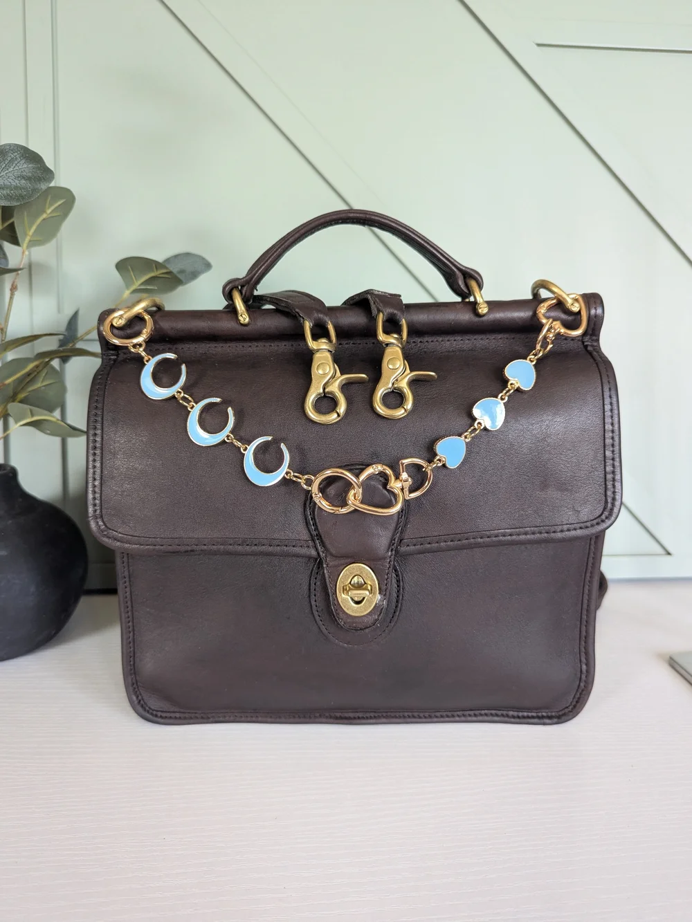 Coach Brown Leather Satchel with Light Blue Enamel Charm Chain
